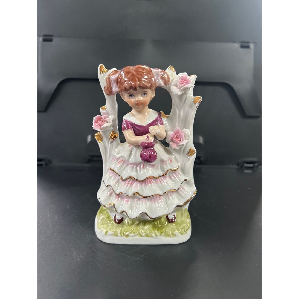Vintage Porcelain Girl in Garden Figurine Purple Dress Made in Korea